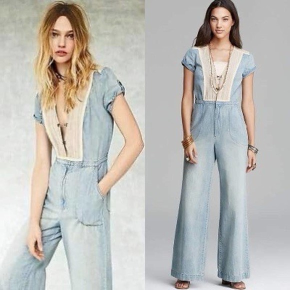 Free People Pants - Free People On The Road Wide Leg Vintage Chambray Denim Jumpsuit $198 Size S